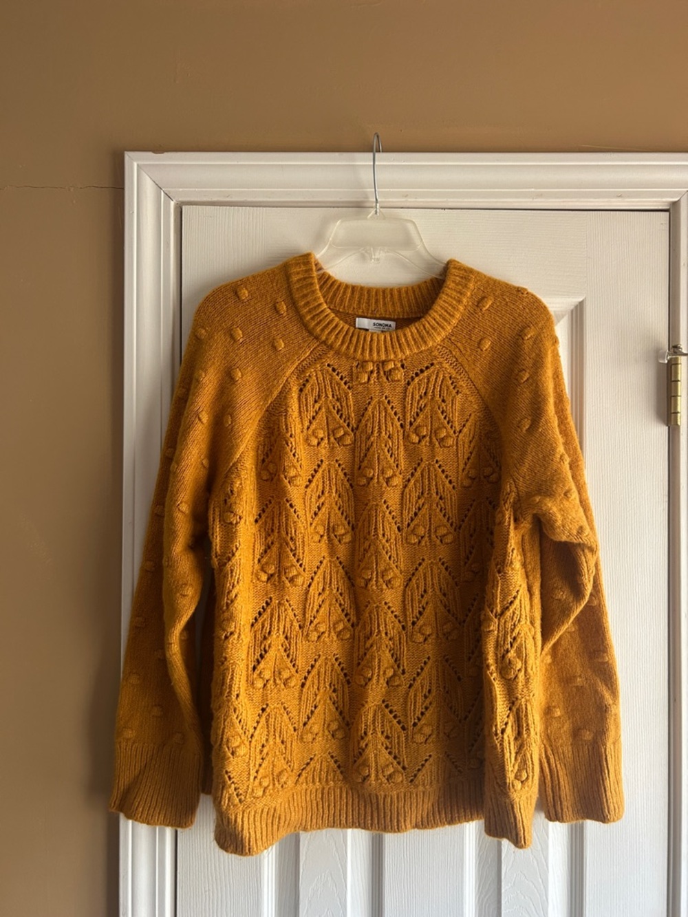 Sonoma Mustard Eyelet Cable Knit Crewneck Sweater
